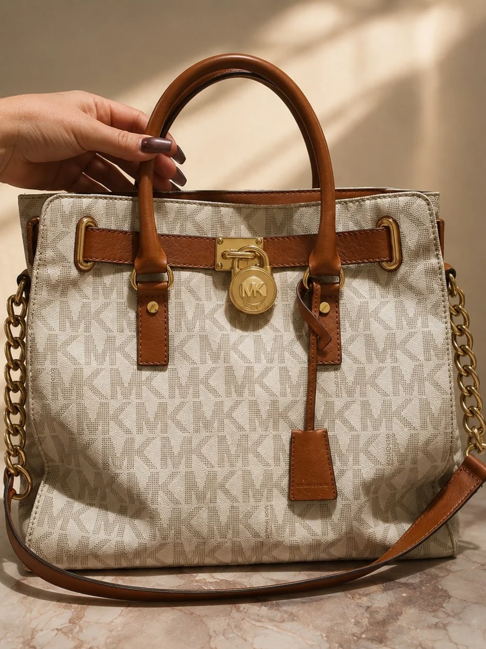 Michael Kors Cream MK Logo Satchel with Brown Leather Trim and Gold Hardware